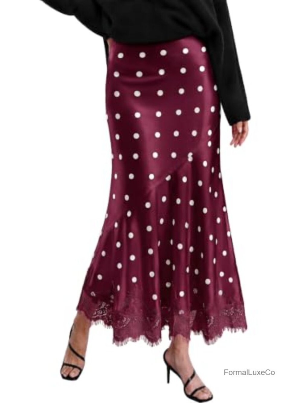 Satin Silk Lace Trim Polka Dot Mermaid Maxi Skirt High Waist A-Line